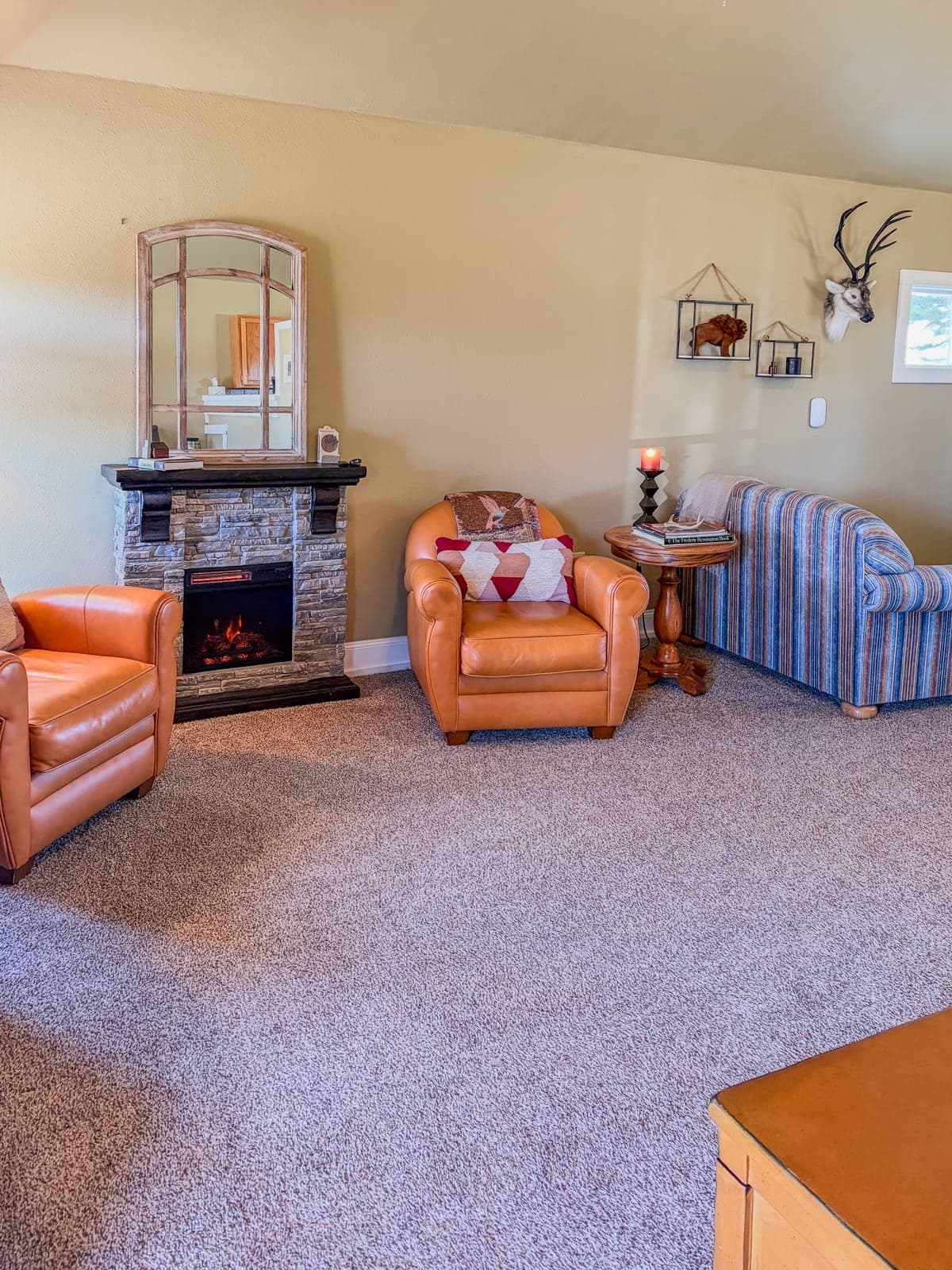 The Cottage seating area near the fireplace